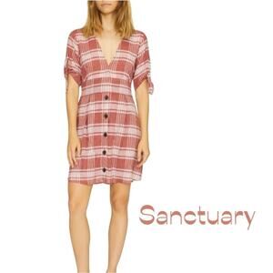 Sanctuary Red White Plaid Linen Blend CottageCore Boho Dress NWT Size 4